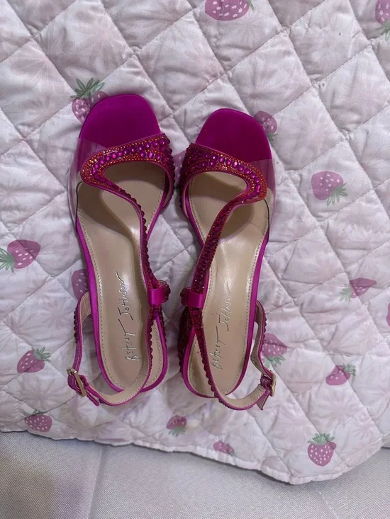 Betsey Johnson Hot Pink Crystal-Embellished Slingback Block Heels - Picture 4 of 6